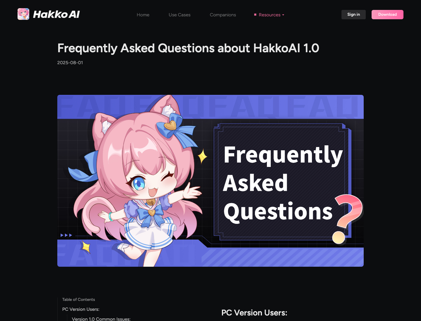 Official Hakko AI FAQ screenshot showing troubleshooting, safety, typo recovery, and support guidance